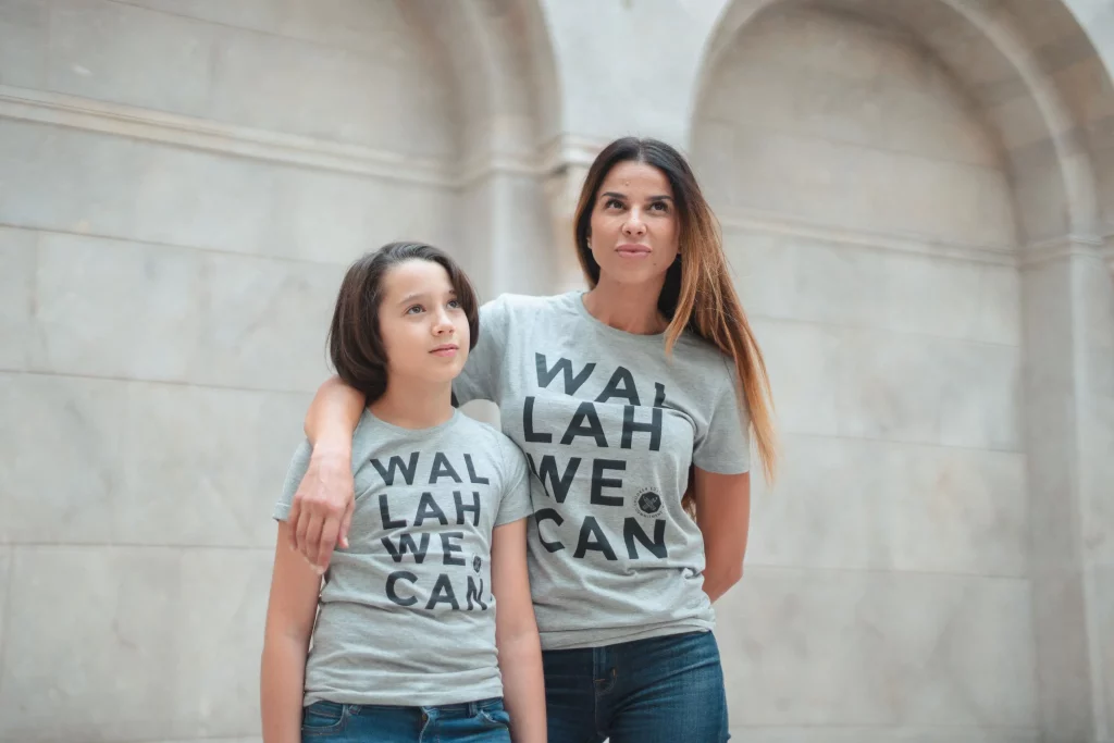 mother and son wearing grey t-shirts from wallah we can collection